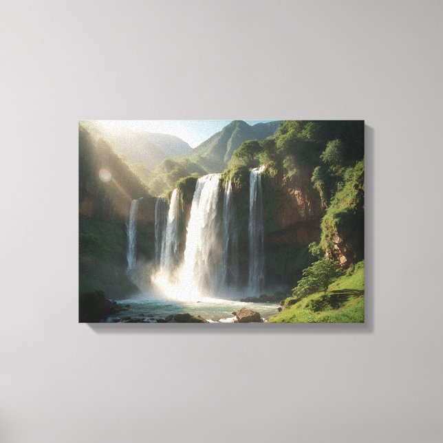 A Majestic Waterfall Surrounded by Greenery Canvas Print (Front)