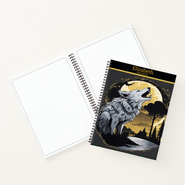 A majestic wolf howls at the glowing moonlight notebook (Inside)