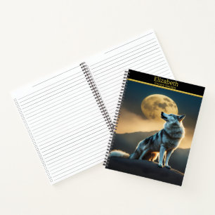A majestic wolf serenades the full moon at night notebook