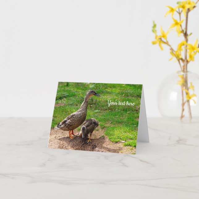 A Mallard Duck and her Duckling Greeting card (Yellow Flower)