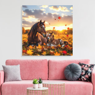 A Mama Horse and her Foal in Autumn Canvas Print