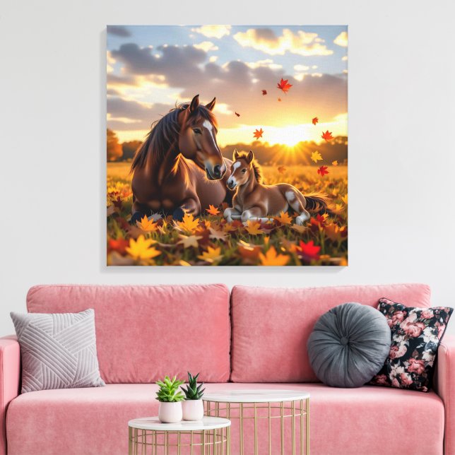 A Mama Horse and her Foal in Autumn Canvas Print (Insitu(LivingRoom))