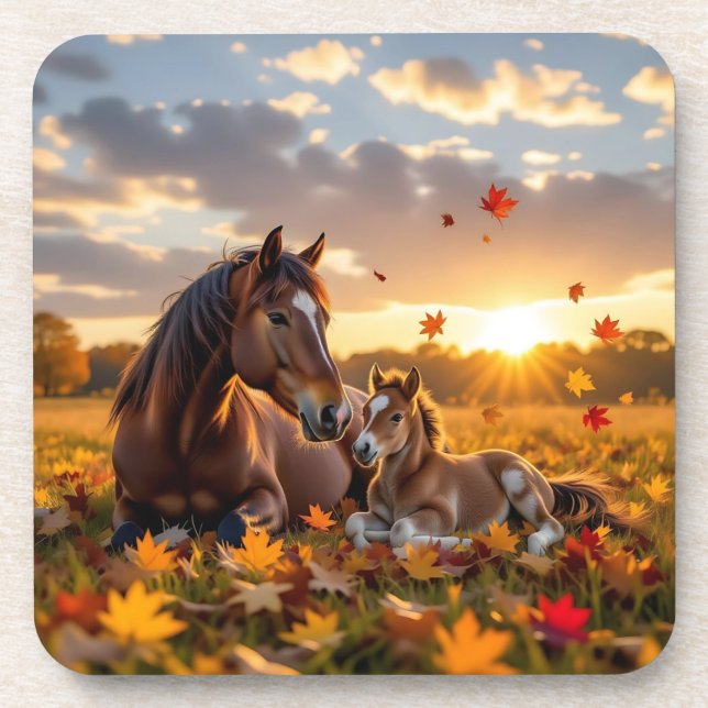 A Mama Horse and her Foal in Autumn Coaster (Front)