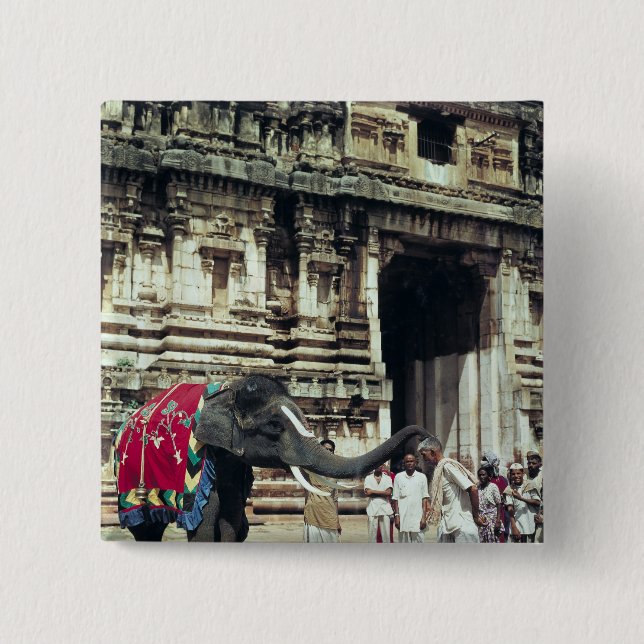 A man being blessed by an elephant 2 inch square button (Front)