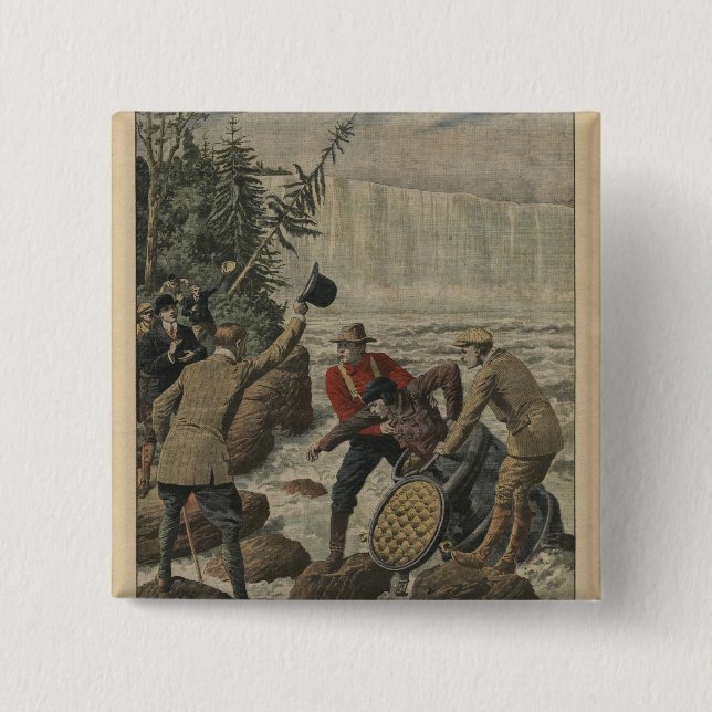A man in a barrel crossing the Niagara Falls 2 Inch Square Button (Front)