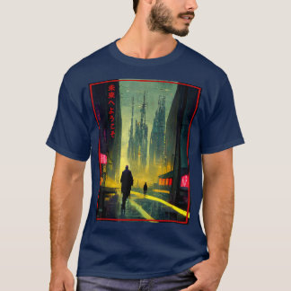 A Man Walks Cyberpunk City Japanese Text Futuristi T-Shirt