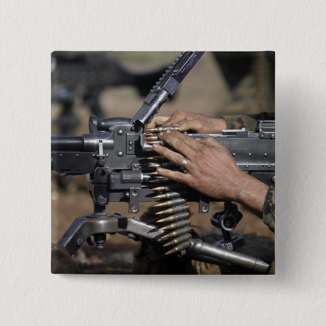 A Marine loads a M-240G machine gun 2 Inch Square Button (Front)