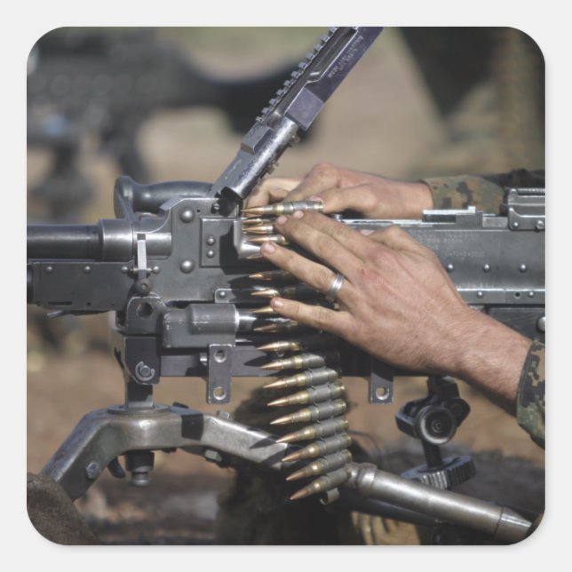 A Marine loads a M-240G machine gun Square Sticker (Front)