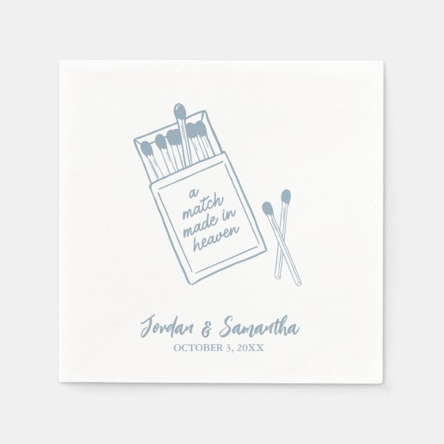 A Match Made in Heaven Blue Personalized Wedding Napkin (Front)