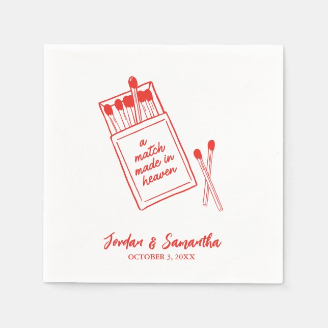 A Match Made in Heaven Red Personalized Wedding Napkin (Front)