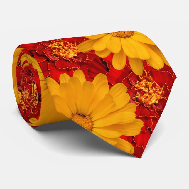 A Medley of Red and Yellow Marigolds Tie (Rolled)