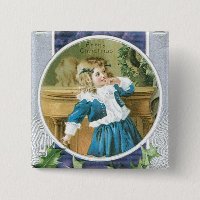"A Merry Christmas" Girl in Blue 2 Inch Square Button (Front)