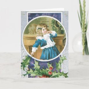 "A Merry Christmas" Girl in Blue Holiday Card