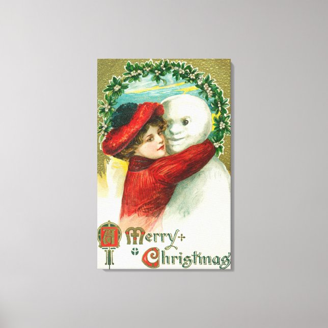 A Merry Christmas Hugging Snowman Scene Canvas Print (Front)