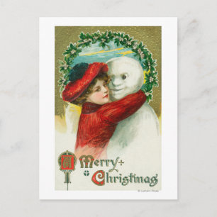 A Merry Christmas Hugging Snowman Scene Holiday Postcard