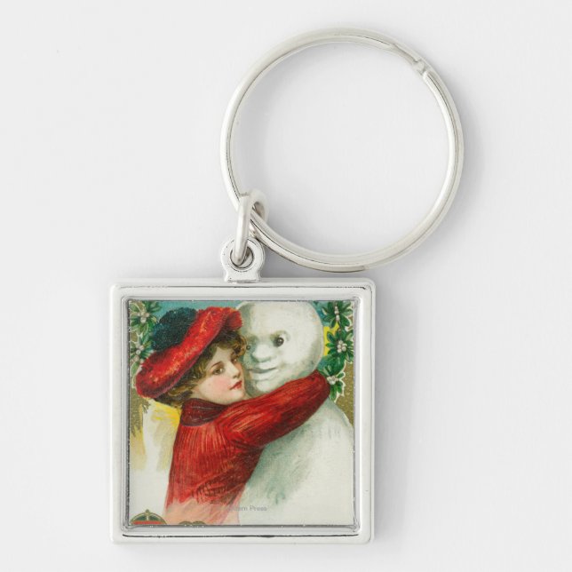 A Merry Christmas Hugging Snowman Scene Keychain (Front)