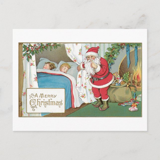 A Merry Christmas Sleeping Children and Santa Holiday Postcard (Front)