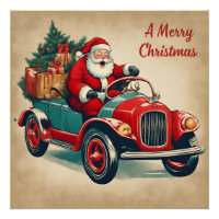 A Merry Christmas Vintage Santa in Red Car 
