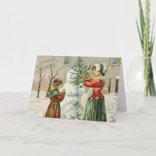 A Merry Christmas Woman, Child and Snowman Holiday Card