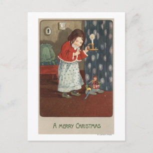 A Merry ChristmasGirl Holding to Candlestick Holiday Postcard