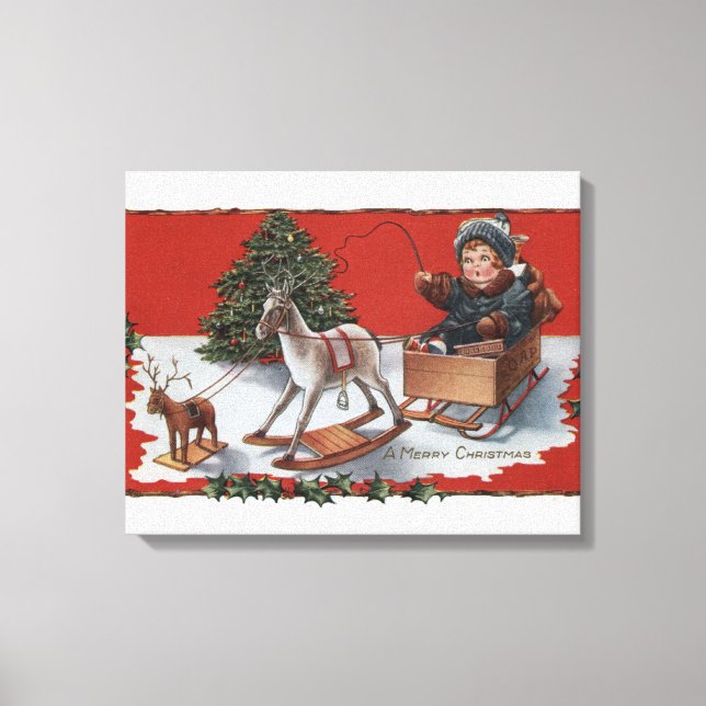 A Merry ChristmasKid in a Soap-Box Sled Canvas Print (Front)