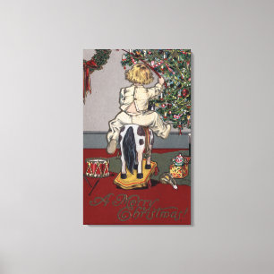 A Merry ChristmasKid on a Rocking Horse Canvas Print