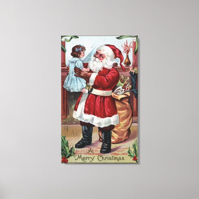 A Merry ChristmasSanta Holding Girl in Blue Canvas Print (Front)