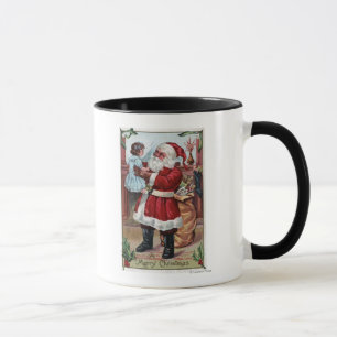 A Merry ChristmasSanta Holding Girl in Blue Mug