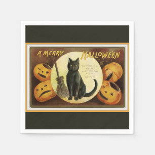 A Merry Halloween Black Cat and Pumpkins Black Napkin