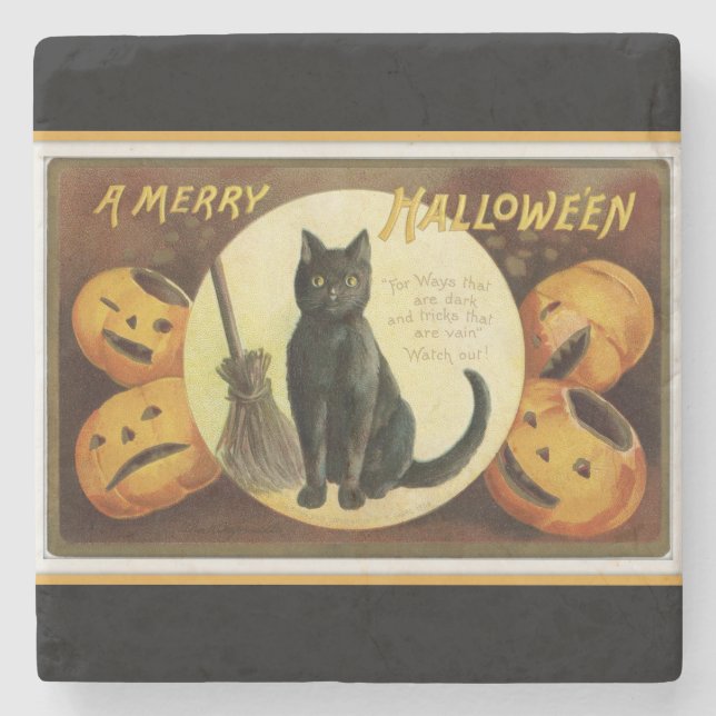 A Merry Halloween Black Cat and Pumpkins Black Stone Coaster (Front)