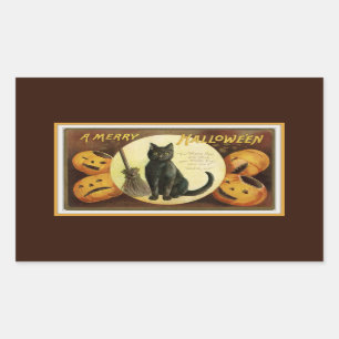 A Merry Halloween Black Cat and Pumpkins Brown Sticker