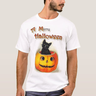 'A Merry Halloween', Black Cat & Jack-o-lantern T-Shirt