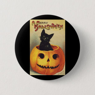 A Merry Halloween by Ellen Clapsaddle, Vintage Cat 2 Inch Round Button