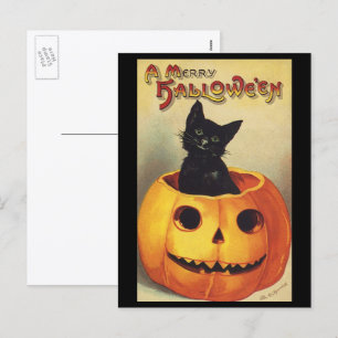 A Merry Halloween by Ellen Clapsaddle, Vintage Cat Holiday Postcard