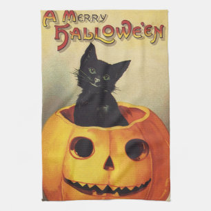 A Merry Halloween by Ellen Clapsaddle, Vintage Cat Kitchen Towel