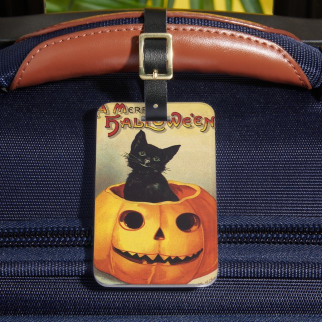 A Merry Halloween by Ellen Clapsaddle, Vintage Cat Luggage Tag (Front Insitu 2)