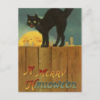 A Merry Hallowe'en Spooky Black Cat Vintage Art Postcard