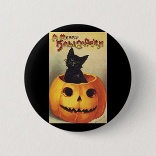 A Merry Halloween, Vintage Black Cat in Pumpkin 2 Inch Round Button