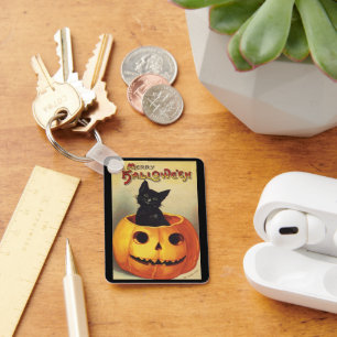 A Merry Halloween, Vintage Black Cat in Pumpkin Keychain