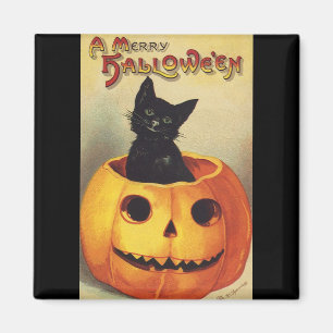 A Merry Halloween, Vintage Black Cat in Pumpkin Magnet