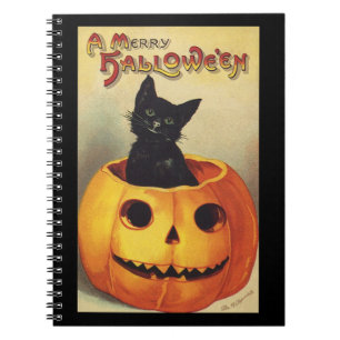A Merry Halloween, Vintage Black Cat in Pumpkin Notebook