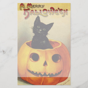 A Merry Halloween, Vintage Black Cat in Pumpkin Stationery