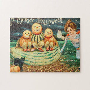 A Merry Halloween Vintage Postcard Jigsaw Puzzle