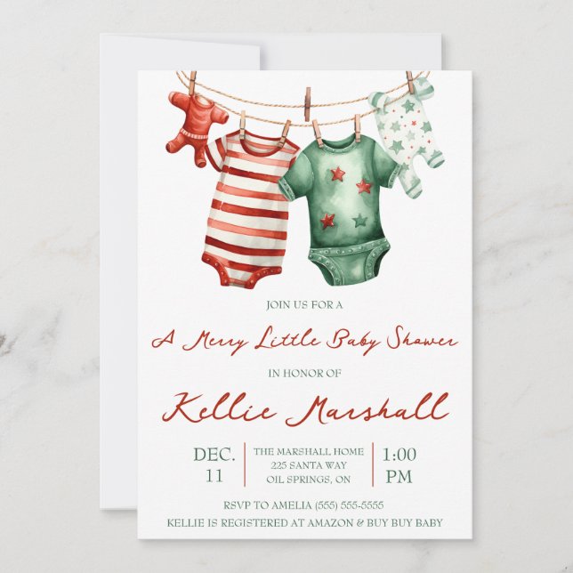A Merry Little Baby Shower, Baby Clothesline  Invitation (Front)
