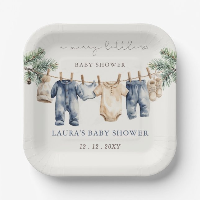 A Merry Little Baby Shower Christmas Boy Shower Paper Plate (Front)