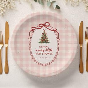 A Merry Little Christmas Bow Gingham Baby Shower Paper Plate