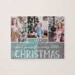 A Merry Little Christmas Family Photo Collage Jigsaw Puzzle<br><div class="desc">A Merry Little Christmas Family Custom 3 Photo Collage Puzzle. With fun modern fonts,  Berries,  and a frosty teal & Charcoal background! Replace with your photos and send a special personalized christmas greeting to family and friends!</div>