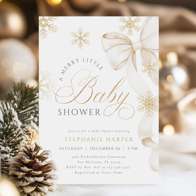 A Merry Little Gold Bow Baby Shower Invitation (Creator Uploaded)