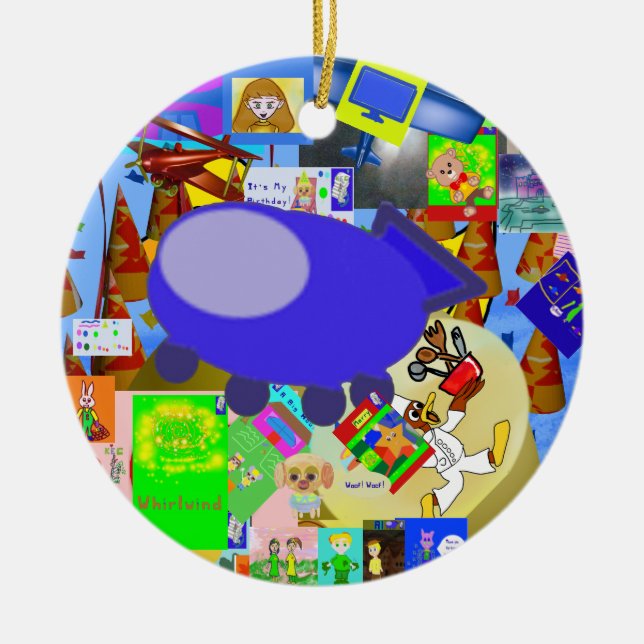 A Merry Spaceship Cartoon Ceramic Ornament (Front)