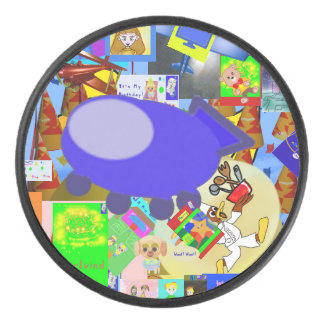 A Merry Spaceship Cartoon Hockey Puck